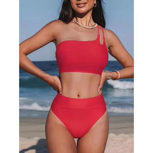 imageCUPSHE Womens Bikini Sets Two Piece Swimsuit High Waisted One Shoulder Back Laceup SwimwearRed