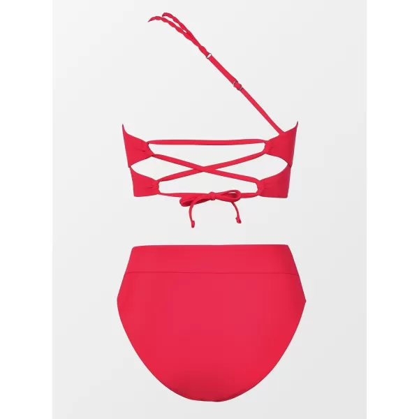 imageCUPSHE Womens Bikini Sets Two Piece Swimsuit High Waisted One Shoulder Back Laceup SwimwearRed