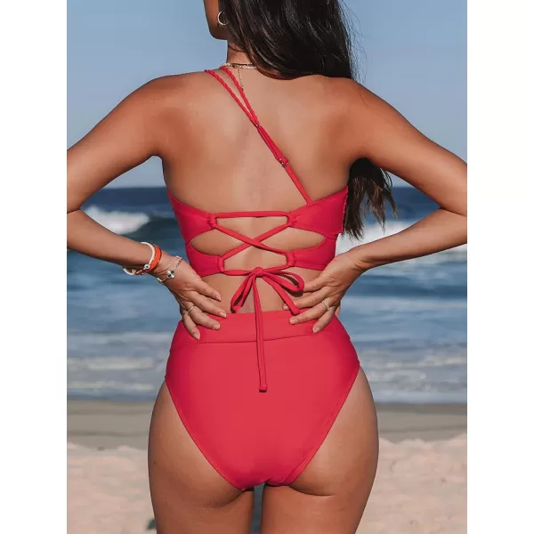 imageCUPSHE Womens Bikini Sets Two Piece Swimsuit High Waisted One Shoulder Back Laceup SwimwearRed