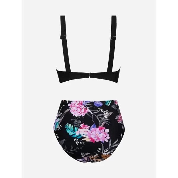 imageCUPSHE Womens Bikini Sets Two Piece Swimsuit High Waisted Ruched Mesh Double Layout Top Adjustable StrapsBlackFloral