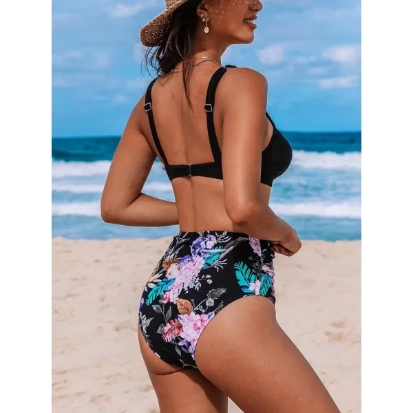 imageCUPSHE Womens Bikini Sets Two Piece Swimsuit High Waisted Ruched Mesh Double Layout Top Adjustable StrapsBlackFloral