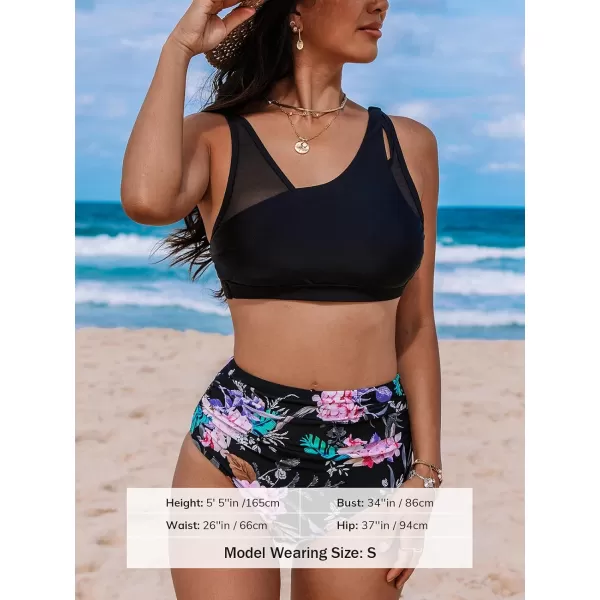 imageCUPSHE Womens Bikini Sets Two Piece Swimsuit High Waisted Ruched Mesh Double Layout Top Adjustable StrapsBlackFloral