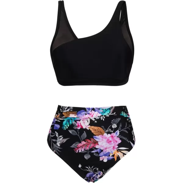 imageCUPSHE Womens Bikini Sets Two Piece Swimsuit High Waisted Ruched Mesh Double Layout Top Adjustable StrapsBlackFloral