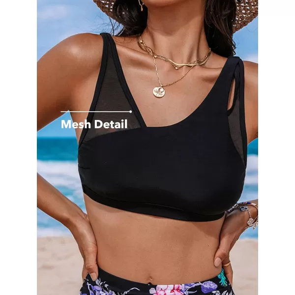 imageCUPSHE Womens Bikini Sets Two Piece Swimsuit High Waisted Ruched Mesh Double Layout Top Adjustable StrapsBlackFloral