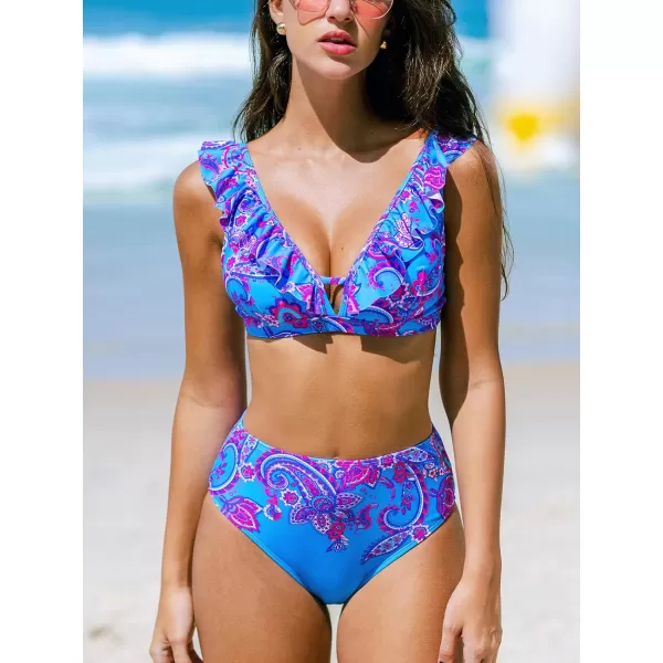 imageCUPSHE Womens Bikini Sets Two Piece Swimsuit High Waisted Ruffle V Neck Cutout Back HookBlueMagenta