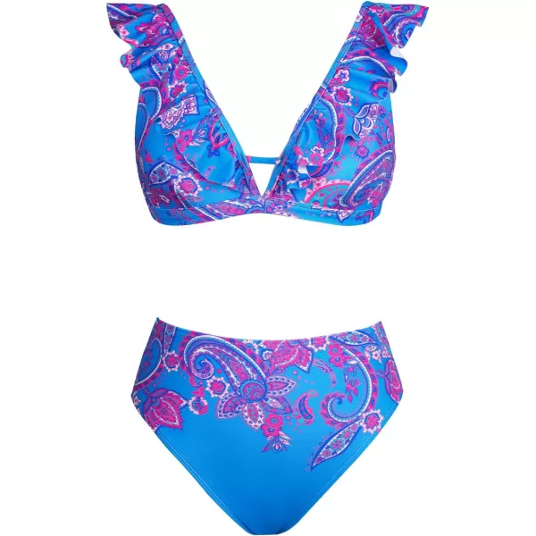 imageCUPSHE Womens Bikini Sets Two Piece Swimsuit High Waisted Ruffle V Neck Cutout Back HookBlueMagenta
