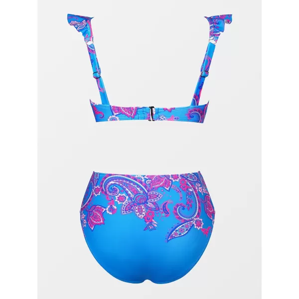 imageCUPSHE Womens Bikini Sets Two Piece Swimsuit High Waisted Ruffle V Neck Cutout Back HookBlueMagenta