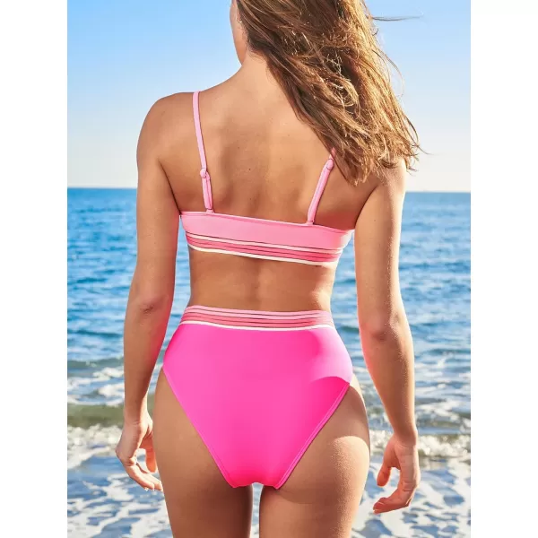 imageCUPSHE Womens Bikini Sets Two Piece Swimsuit High Waisted Scoop Neck Adjustable Straps Mesh Cheeky BottomHot Pink