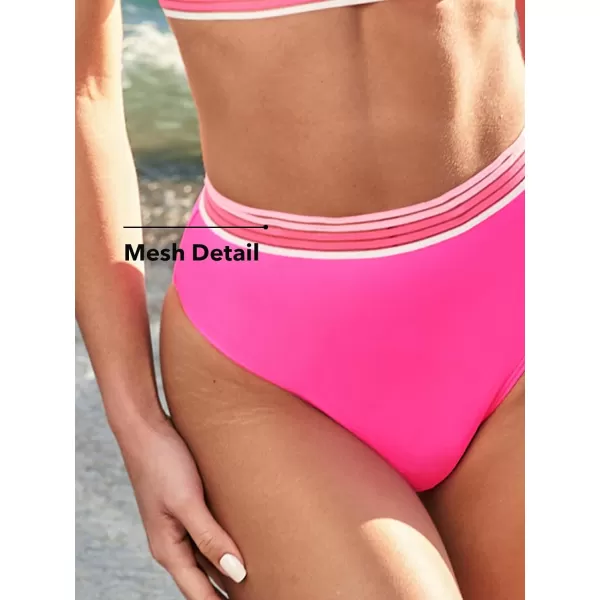 imageCUPSHE Womens Bikini Sets Two Piece Swimsuit High Waisted Scoop Neck Adjustable Straps Mesh Cheeky BottomHot Pink