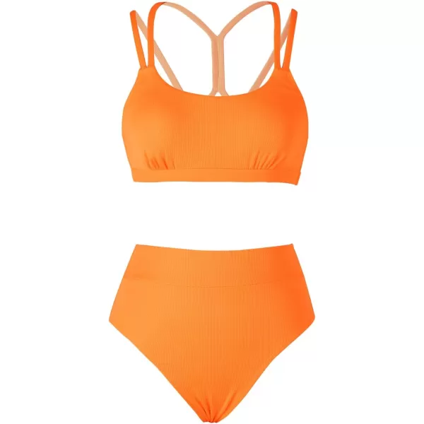 imageCUPSHE Womens Bikini Sets Two Piece Swimsuit High Waisted Scoop Neck Back Strappy Bathing SuitCarrot Orange