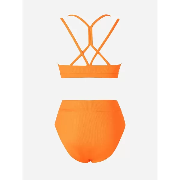 imageCUPSHE Womens Bikini Sets Two Piece Swimsuit High Waisted Scoop Neck Back Strappy Bathing SuitCarrot Orange