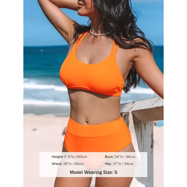 imageCUPSHE Womens Bikini Sets Two Piece Swimsuit High Waisted Scoop Neck Back Strappy Bathing SuitCarrot Orange