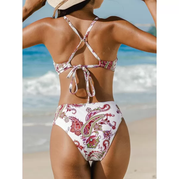 imageCUPSHE Womens Bikini Sets Two Piece Swimsuit High Waisted Scoop Neck Crisscross Back Tie Cheeky BottomBeige Paisley
