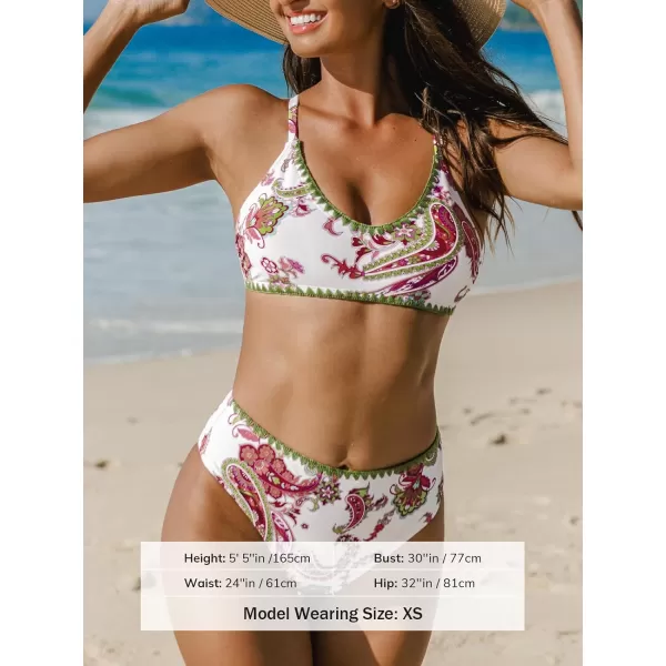 imageCUPSHE Womens Bikini Sets Two Piece Swimsuit High Waisted Scoop Neck Crisscross Back Tie Cheeky BottomBeige Paisley