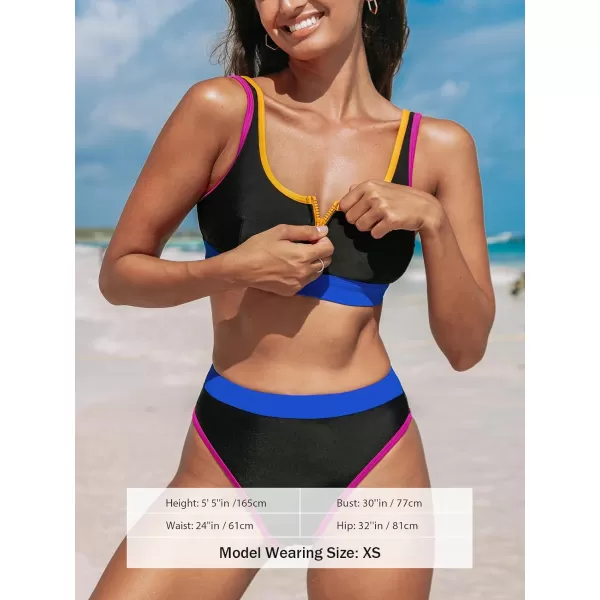 imageCUPSHE Womens Bikini Sets Two Piece Swimsuit High Waisted Scoop Neck Tank Top Color Block SwimwearBlack Color Block