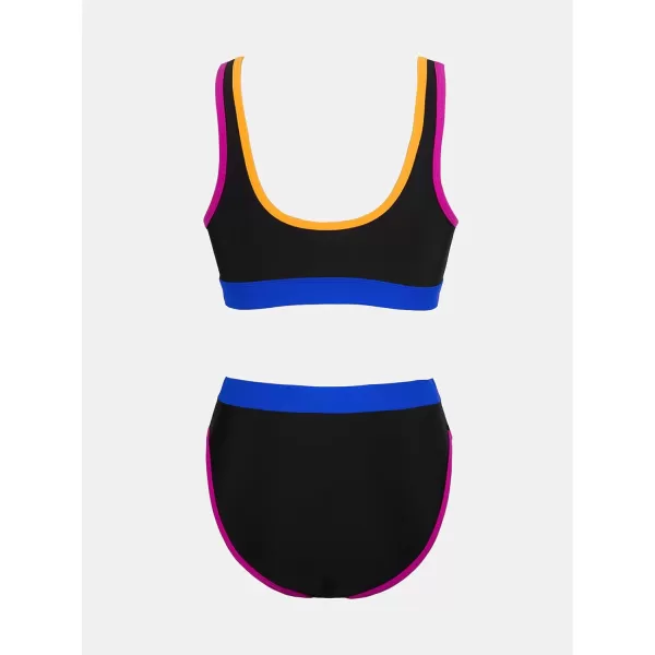imageCUPSHE Womens Bikini Sets Two Piece Swimsuit High Waisted Scoop Neck Tank Top Color Block SwimwearBlack Color Block