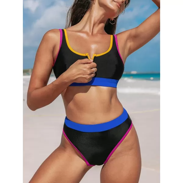 imageCUPSHE Womens Bikini Sets Two Piece Swimsuit High Waisted Scoop Neck Tank Top Color Block SwimwearBlack Color Block