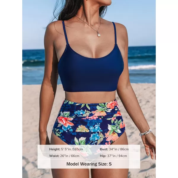 imageCUPSHE Womens Bikini Sets Two Piece Swimsuit High Waisted Scoop Neck Tummy Control Adjustable Straps Ruched BottomNavy BlueFloral