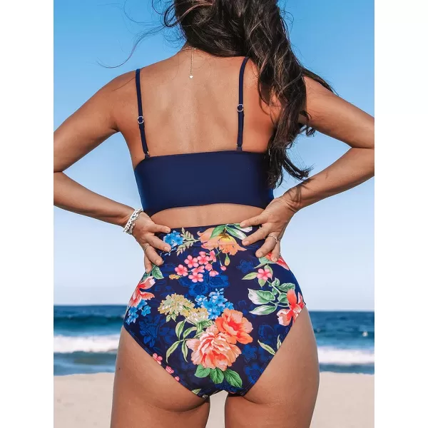 imageCUPSHE Womens Bikini Sets Two Piece Swimsuit High Waisted Scoop Neck Tummy Control Adjustable Straps Ruched BottomNavy BlueFloral