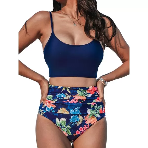 imageCUPSHE Womens Bikini Sets Two Piece Swimsuit High Waisted Scoop Neck Tummy Control Adjustable Straps Ruched BottomNavy BlueFloral