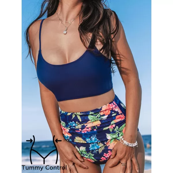 imageCUPSHE Womens Bikini Sets Two Piece Swimsuit High Waisted Scoop Neck Tummy Control Adjustable Straps Ruched BottomNavy BlueFloral