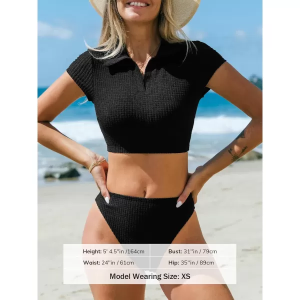 imageCUPSHE Womens Bikini Sets Two Piece Swimsuit High Waisted Short Sleeve Collar Textured High Cut Cheeky BottomBlack