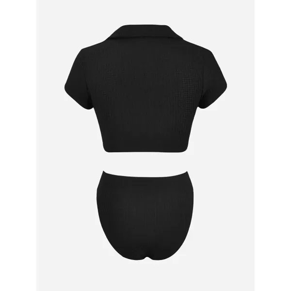 imageCUPSHE Womens Bikini Sets Two Piece Swimsuit High Waisted Short Sleeve Collar Textured High Cut Cheeky BottomBlack