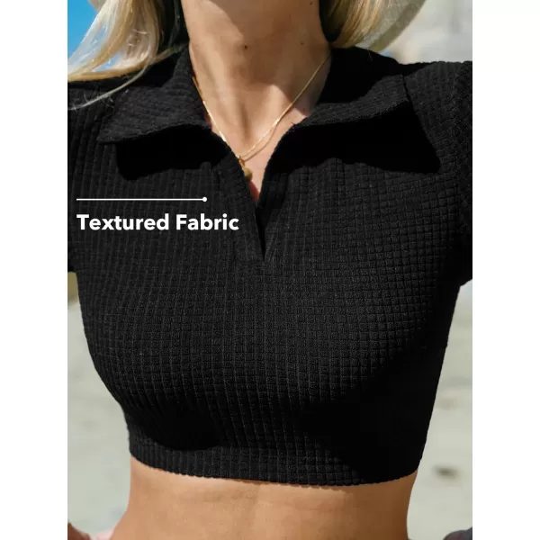 imageCUPSHE Womens Bikini Sets Two Piece Swimsuit High Waisted Short Sleeve Collar Textured High Cut Cheeky BottomBlack