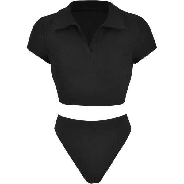 imageCUPSHE Womens Bikini Sets Two Piece Swimsuit High Waisted Short Sleeve Collar Textured High Cut Cheeky BottomBlack