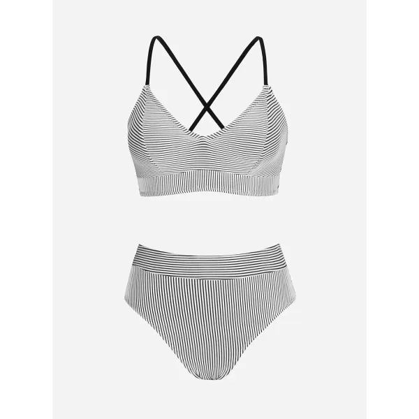 imageCUPSHE Womens Bikini Sets Two Piece Swimsuit High Waisted Striped V Neck Swimwear Back TieWhite Stripes