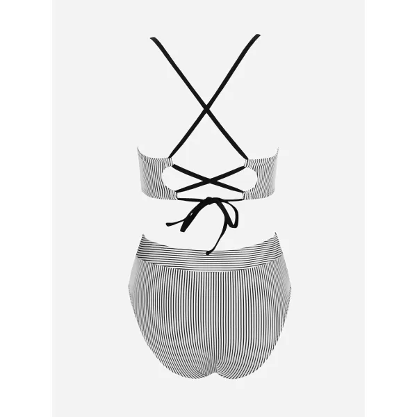 imageCUPSHE Womens Bikini Sets Two Piece Swimsuit High Waisted Striped V Neck Swimwear Back TieWhite Stripes