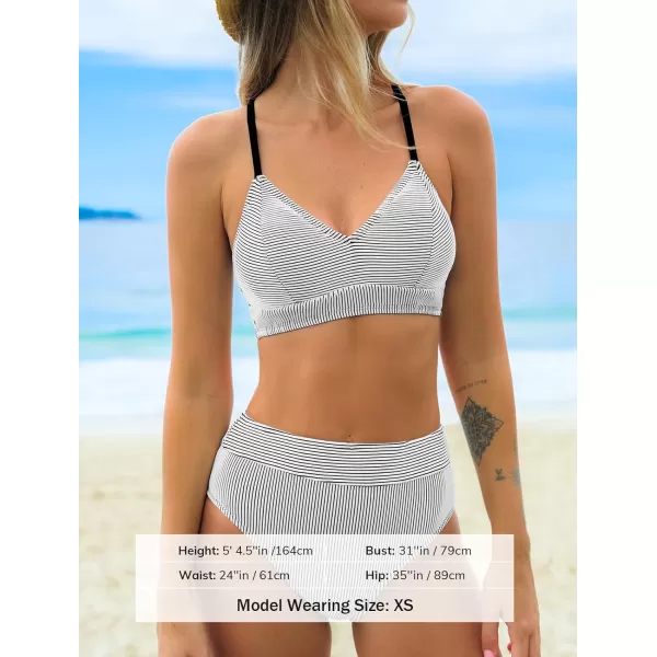 imageCUPSHE Womens Bikini Sets Two Piece Swimsuit High Waisted Striped V Neck Swimwear Back TieWhite Stripes