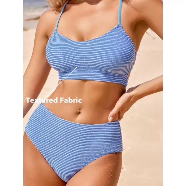imageCUPSHE Womens Bikini Sets Two Piece Swimsuit High Waisted V Neck Cutout Spaghetti Straps ORingBlueWhite