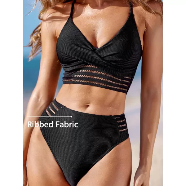 imageCUPSHE Womens Bikini Sets Two Piece Swimsuit High Waisted V Neck Hollow Out Cross Back Ribbed SwimwearBlack