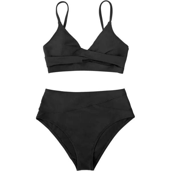 imageCUPSHE Womens Bikini Sets Two Piece Swimsuit High Waisted V Neck Twist Front Adjustable Spaghetti Straps Bathing SuitBlack