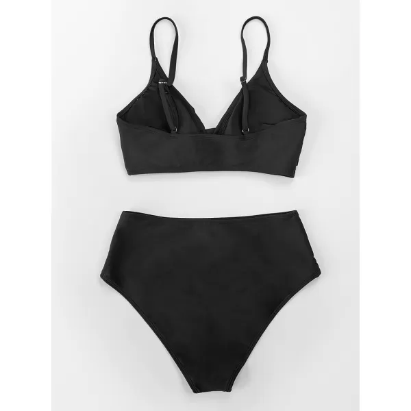 imageCUPSHE Womens Bikini Sets Two Piece Swimsuit High Waisted V Neck Twist Front Adjustable Spaghetti Straps Bathing SuitBlack