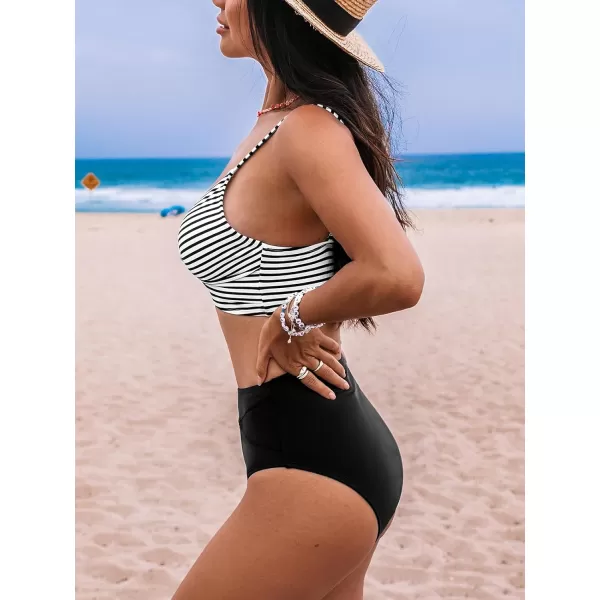 imageCUPSHE Womens Bikini Sets Two Piece Swimsuit High Waisted V Neck Twist Front Adjustable Spaghetti Straps Bathing SuitBlack Stripes