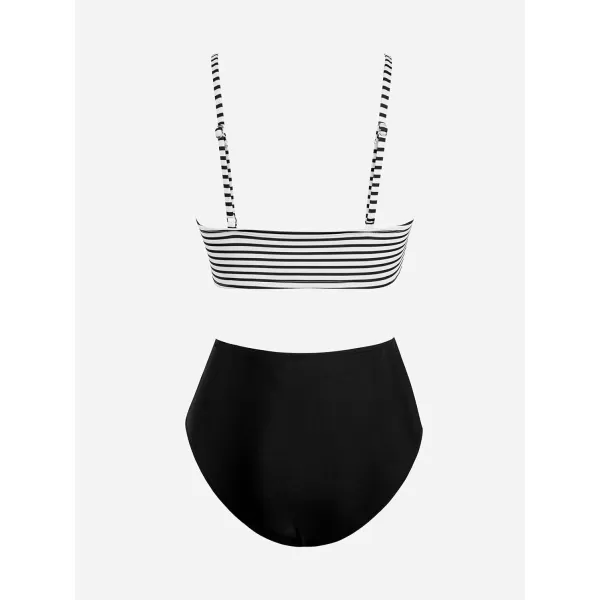 imageCUPSHE Womens Bikini Sets Two Piece Swimsuit High Waisted V Neck Twist Front Adjustable Spaghetti Straps Bathing SuitBlack Stripes