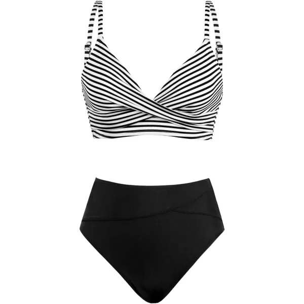 imageCUPSHE Womens Bikini Sets Two Piece Swimsuit High Waisted V Neck Twist Front Adjustable Spaghetti Straps Bathing SuitBlack Stripes