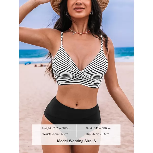imageCUPSHE Womens Bikini Sets Two Piece Swimsuit High Waisted V Neck Twist Front Adjustable Spaghetti Straps Bathing SuitBlack Stripes