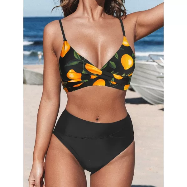 imageCUPSHE Womens Bikini Sets Two Piece Swimsuit High Waisted V Neck Twist Front Adjustable Spaghetti Straps Bathing SuitBlackLemon