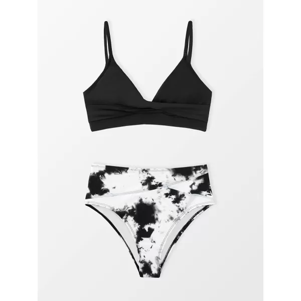 imageCUPSHE Womens Bikini Sets Two Piece Swimsuit High Waisted V Neck Twist Front Adjustable Spaghetti Straps Bathing SuitBlackwhite
