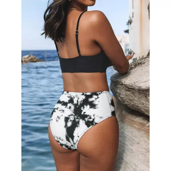imageCUPSHE Womens Bikini Sets Two Piece Swimsuit High Waisted V Neck Twist Front Adjustable Spaghetti Straps Bathing SuitBlackwhite