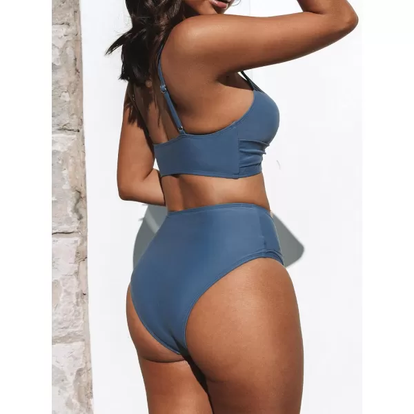 imageCUPSHE Womens Bikini Sets Two Piece Swimsuit High Waisted V Neck Twist Front Adjustable Spaghetti Straps Bathing SuitBlue