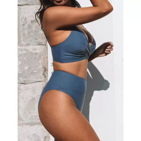 imageCUPSHE Womens Bikini Sets Two Piece Swimsuit High Waisted V Neck Twist Front Adjustable Spaghetti Straps Bathing SuitBlue