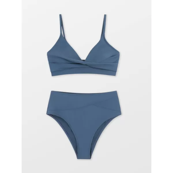 imageCUPSHE Womens Bikini Sets Two Piece Swimsuit High Waisted V Neck Twist Front Adjustable Spaghetti Straps Bathing SuitBlue