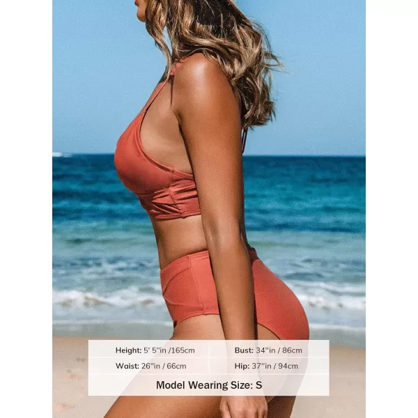 imageCUPSHE Womens Bikini Sets Two Piece Swimsuit High Waisted V Neck Twist Front Adjustable Spaghetti Straps Bathing SuitBrick Red