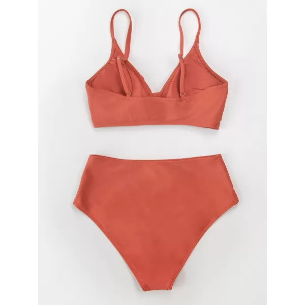 imageCUPSHE Womens Bikini Sets Two Piece Swimsuit High Waisted V Neck Twist Front Adjustable Spaghetti Straps Bathing SuitBrick Red