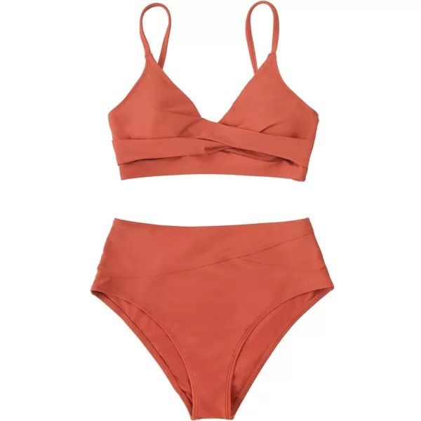imageCUPSHE Womens Bikini Sets Two Piece Swimsuit High Waisted V Neck Twist Front Adjustable Spaghetti Straps Bathing SuitBrick Red