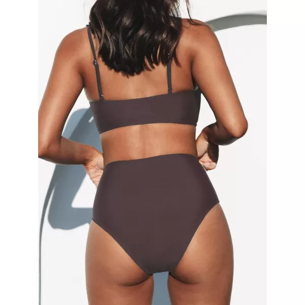 imageCUPSHE Womens Bikini Sets Two Piece Swimsuit High Waisted V Neck Twist Front Adjustable Spaghetti Straps Bathing SuitBrown